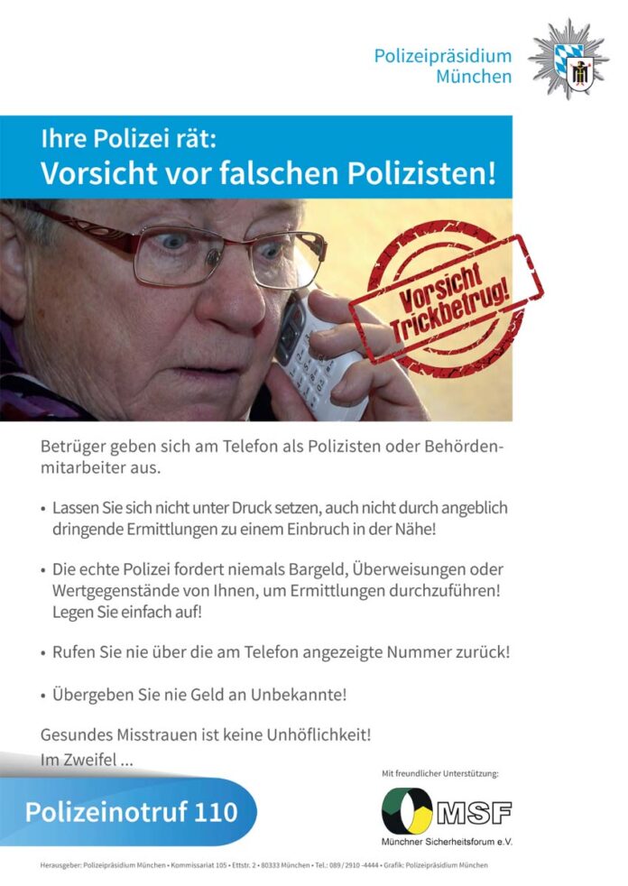 Mehrere Fälle von falschen Polizeibeamten – Lehel, Grünwald und Obermenzing Mehrere Fälle von falschen Polizeibeamten – Lehel, Grünwald und Obermenzing