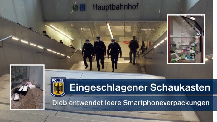 Eingeschlagene Schaukastenscheibe - Dieb klaut leere Smartphoneverpackungen Eingeschlagene Schaukastenscheibe - Dieb klaut leere Smartphoneverpackungen