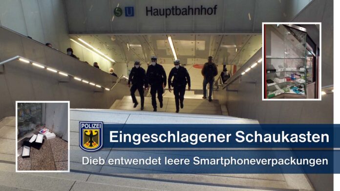 Eingeschlagene Schaukastenscheibe - Dieb klaut leere Smartphoneverpackungen