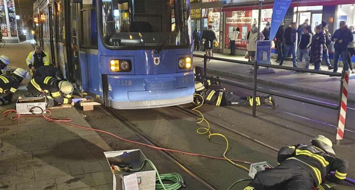 Hund unter Tram eingeklemmt