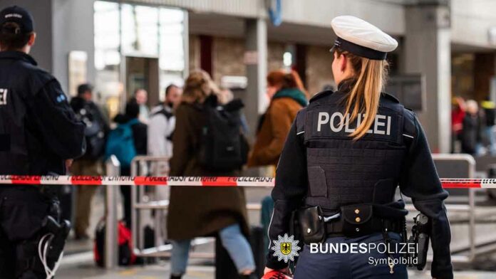 Spezialdienste kontrollieren abgestellten Koffer - Bundespolizei-Einsatz während Medienpräsentation des neuen Railjets